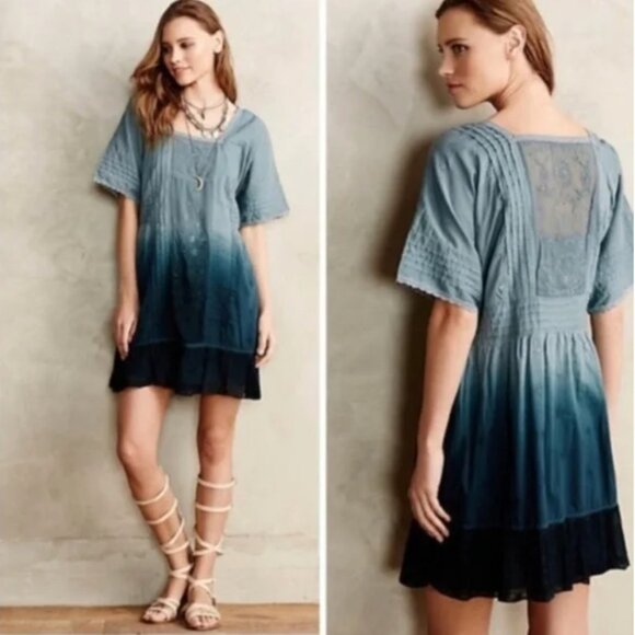 Anthropologie Ombre Ocean Dipped Embroidered Lace Blue Tunic Dress - Picture 1 of 7